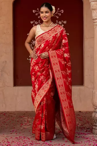 Red embroidered pure katan silk saree
