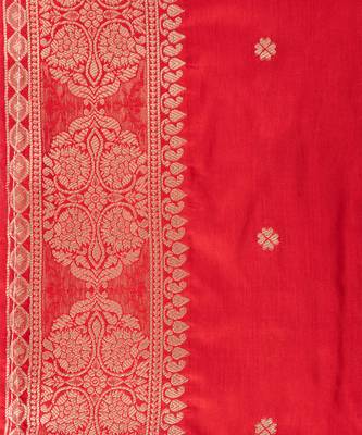 Red embroidered pure katan silk saree 5
