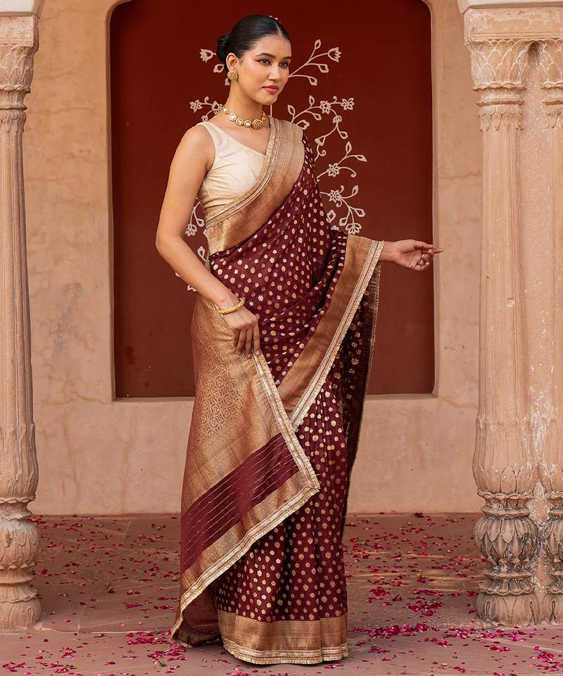 Maroon embroidered pure chiffon saree