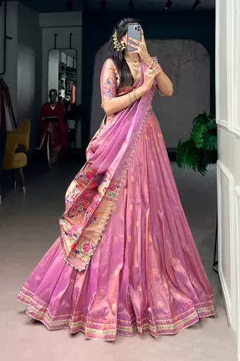 Women's Designer Paithani silk blend Zari Woven Lehenga Choli with Paithani Border Dupatta