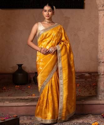 Yellow embroidered pure katan silk saree 1