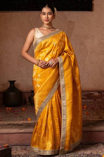 Yellow embroidered pure katan silk saree