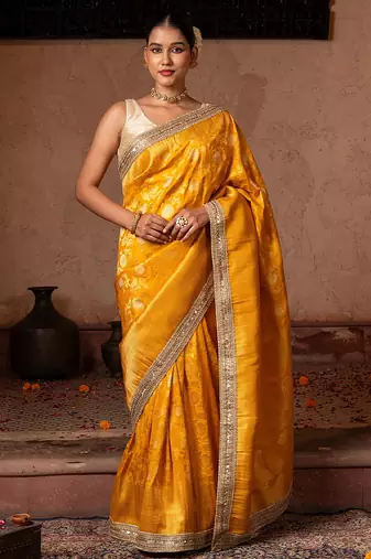 Yellow embroidered pure katan silk saree