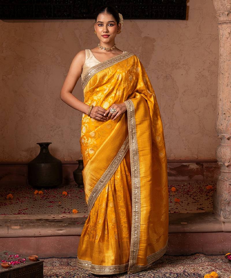 Yellow embroidered pure katan silk saree