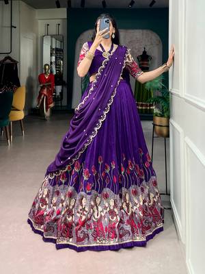 Kalamkari Printed Tussar Silk Lehenga Choli with Chinon Dupatta 1