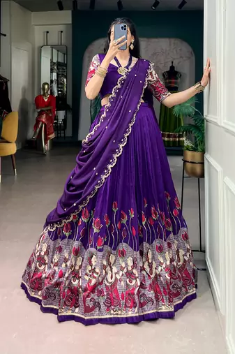 Kalamkari Printed Tussar Silk Lehenga Choli with Chinon Dupatta