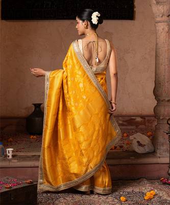 Yellow embroidered pure katan silk saree 2