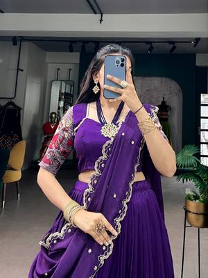 Kalamkari Printed Tussar Silk Lehenga Choli with Chinon Dupatta 2