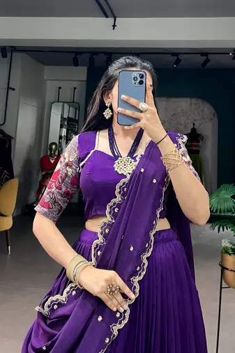 Kalamkari Printed Tussar Silk Lehenga Choli with Chinon Dupatta