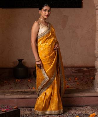 Yellow embroidered pure katan silk saree 3