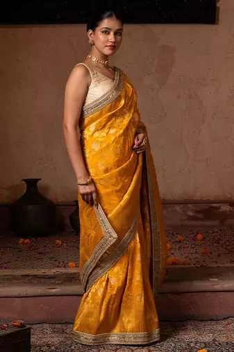 Yellow embroidered pure katan silk saree