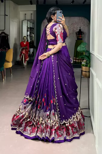 Kalamkari Printed Tussar Silk Lehenga Choli with Chinon Dupatta