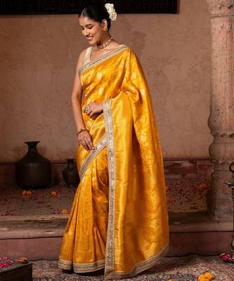 Yellow embroidered pure katan silk saree 4