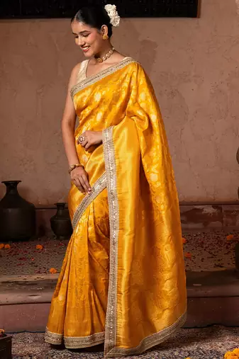 Yellow embroidered pure katan silk saree