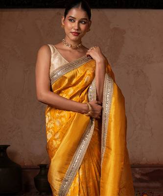 Yellow embroidered pure katan silk saree 5