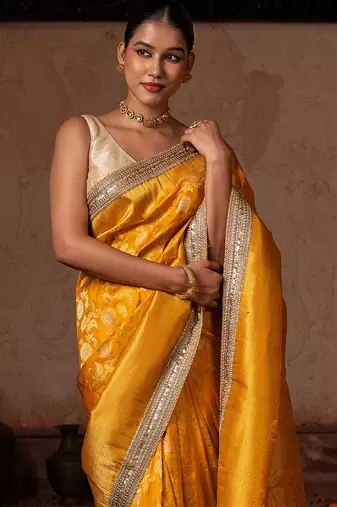 Yellow embroidered pure katan silk saree