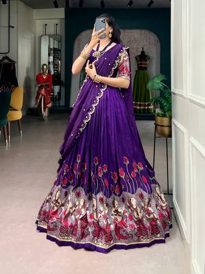 Kalamkari Printed Tussar Silk Lehenga Choli with Chinon Dupatta 4