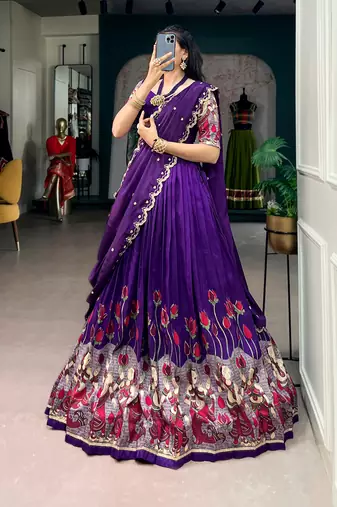Kalamkari Printed Tussar Silk Lehenga Choli with Chinon Dupatta