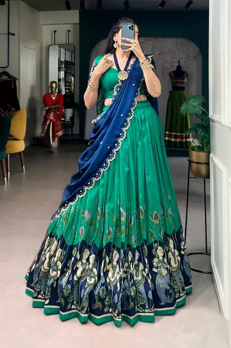 Kalamkari Printed Tussar silk blend Lehenga Choli with Chinon Dupatta