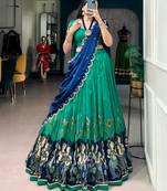 Kalamkari Printed Tussar silk blend Lehenga Choli with Chinon Dupatta