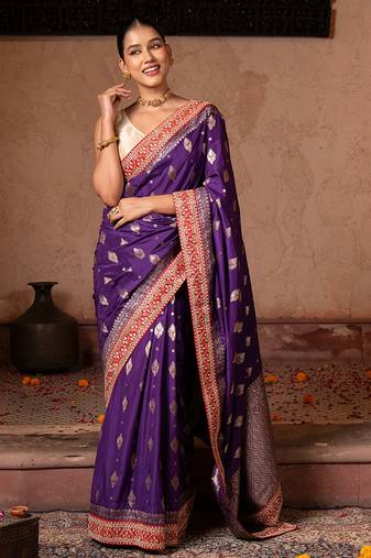 Purple embroidered pure katan silk saree