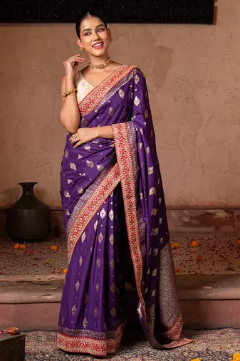 Purple embroidered pure katan silk saree