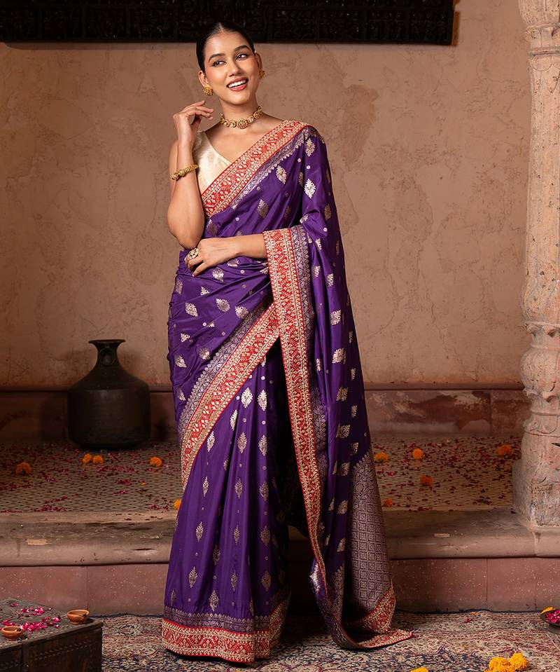 Purple embroidered pure katan silk saree