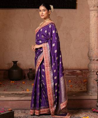 Purple embroidered pure katan silk saree 2