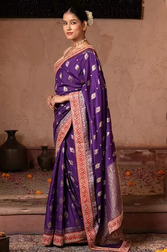 Purple embroidered pure katan silk saree