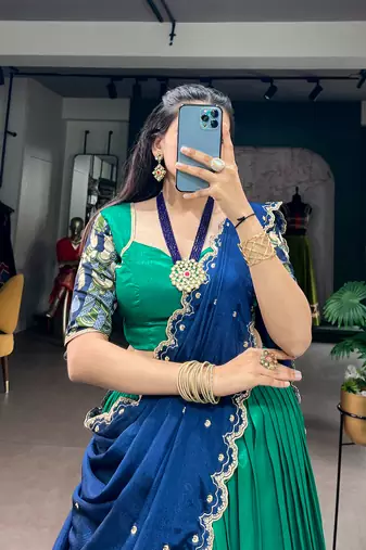Kalamkari Printed Tussar silk blend Lehenga Choli with Chinon Dupatta