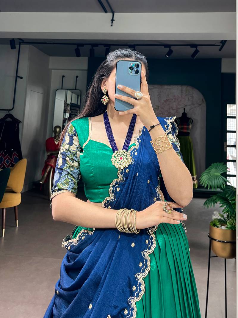 Kalamkari Printed Tussar silk blend Lehenga Choli with Chinon Dupatta
