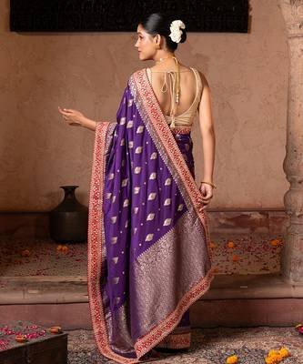 Purple embroidered pure katan silk saree 3