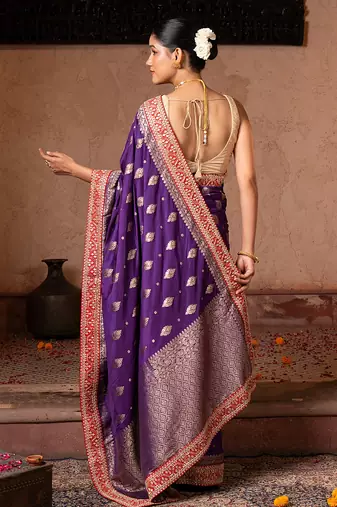 Purple embroidered pure katan silk saree
