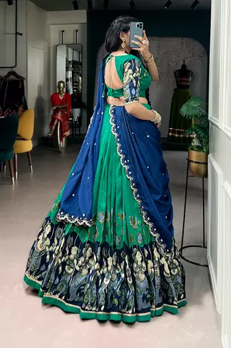 Kalamkari Printed Tussar silk blend Lehenga Choli with Chinon Dupatta