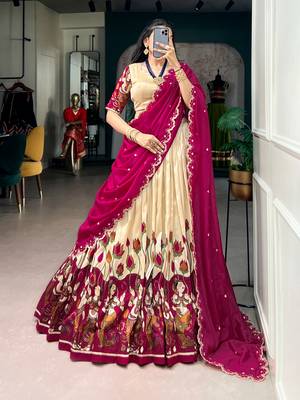 Kalamkari Printed Tussar silk blend Lehenga Choli with Chinon Dupatta 1