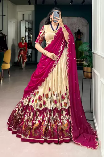 Kalamkari Printed Tussar silk blend Lehenga Choli with Chinon Dupatta