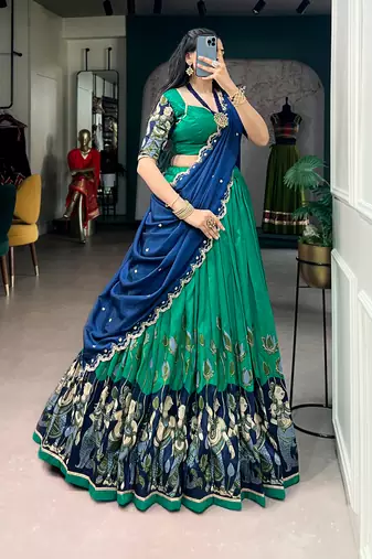 Kalamkari Printed Tussar silk blend Lehenga Choli with Chinon Dupatta