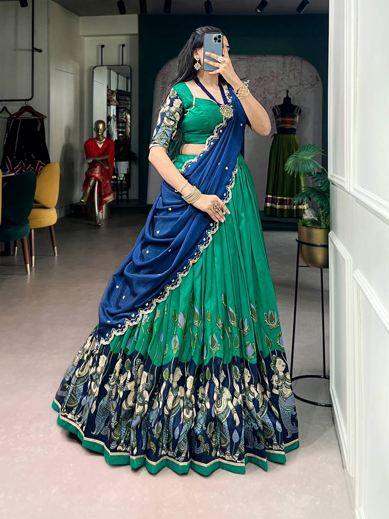 Kalamkari Printed Tussar silk blend Lehenga Choli with Chinon Dupatta