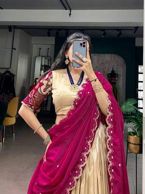 Kalamkari Printed Tussar silk blend Lehenga Choli with Chinon Dupatta 2