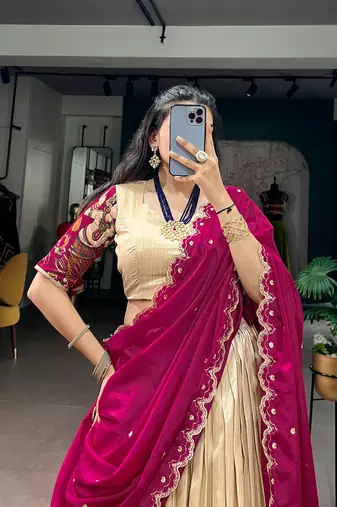 Kalamkari Printed Tussar silk blend Lehenga Choli with Chinon Dupatta