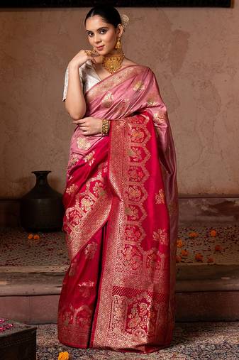 Red embroidered pure katan silk saree