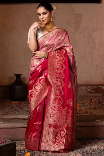 Red embroidered pure katan silk saree
