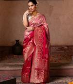Red embroidered pure katan silk saree