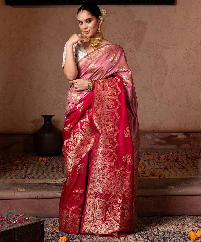 Red embroidered pure katan silk saree