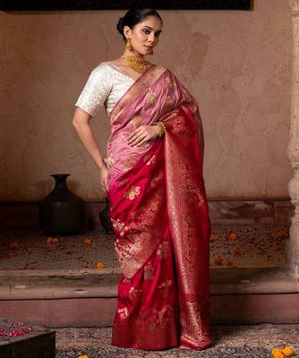 Red embroidered pure katan silk saree 2