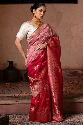 Red embroidered pure katan silk saree