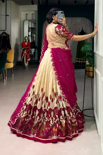 Kalamkari Printed Tussar silk blend Lehenga Choli with Chinon Dupatta