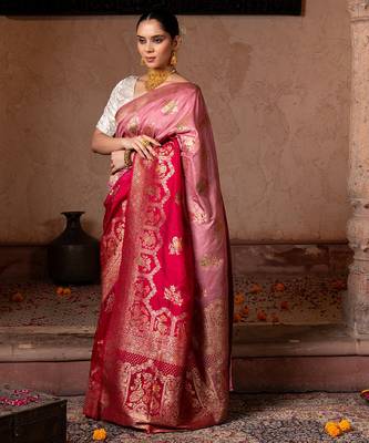 Red embroidered pure katan silk saree 3