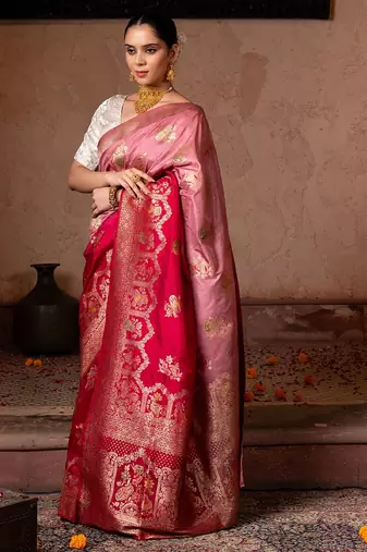 Red embroidered pure katan silk saree