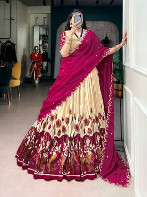 Kalamkari Printed Tussar silk blend Lehenga Choli with Chinon Dupatta 4